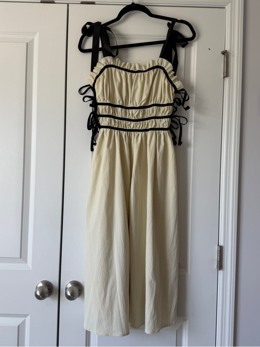 Cream Midi Dress with Black Trim and Tie Straps